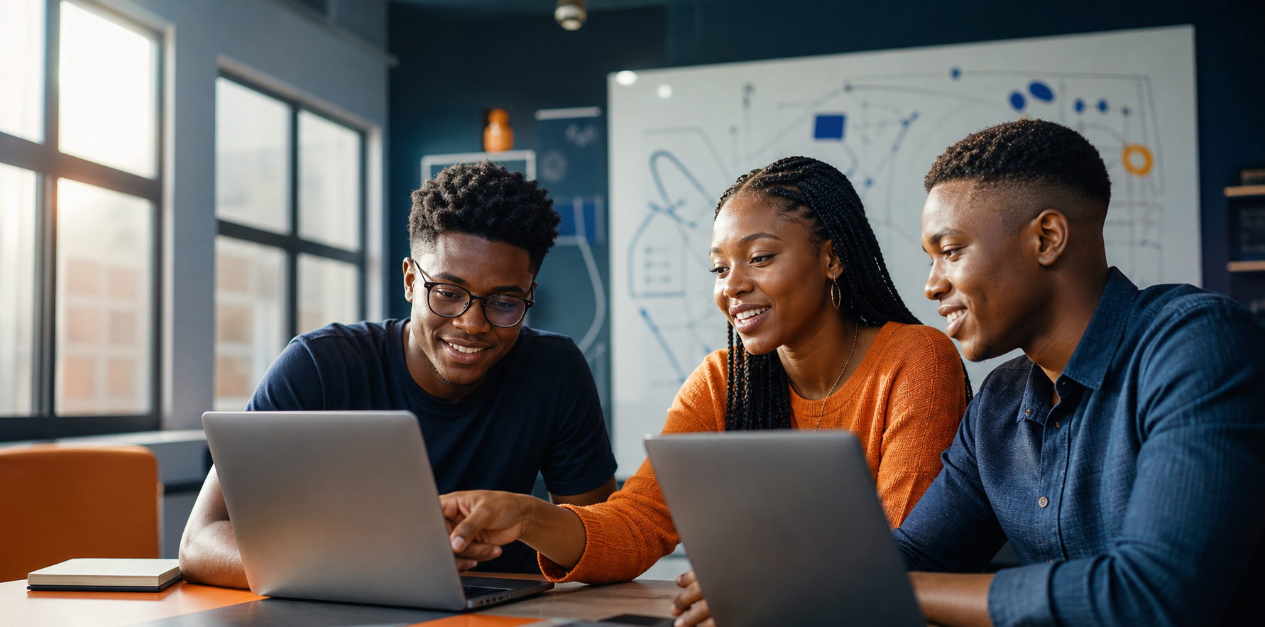 Nigerian students collaborating with laptops